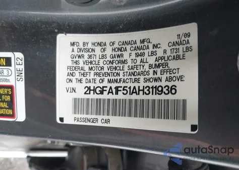 2010 Honda Civic Lx from USA, damaged, VIN 2HGFA1F51AH311936